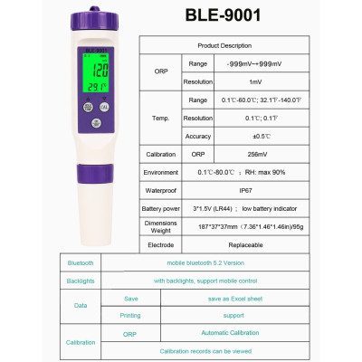 ОВП-метр ORP/TEMP BLE-9001 (cмарт bluetooth)