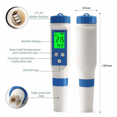 pH/TDS/ЕС/Salinity/Temp метр BLE-9909 5в1 (cмарт bluetooth)