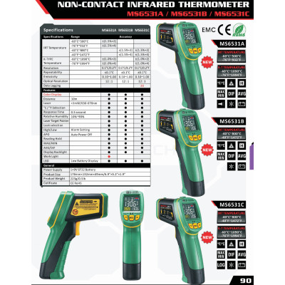 Пирометр Mastech MS6531A (IR: -60...+500 °C, D:S - 12:1, EMS: 0.1-1) с термопарой (-40...1080 °C)