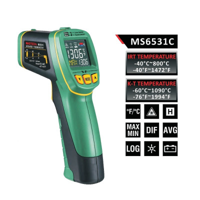 Пирометр Mastech MS6531C (IR: -40...+800 °C, ТК: -40...1080 °C, D:S - 12:1) с термопарой